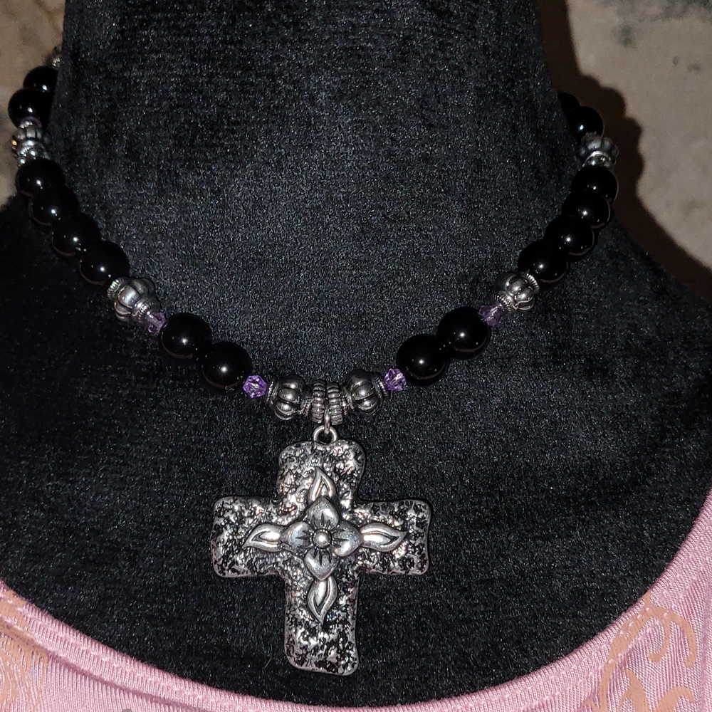 Dolls Kill Black and Silver Gothic Cross Necklace